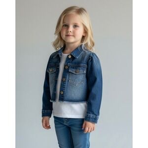 Puff Sleeve Blue Denim Girls Size 8 Cropped Jacket Frayed Hem